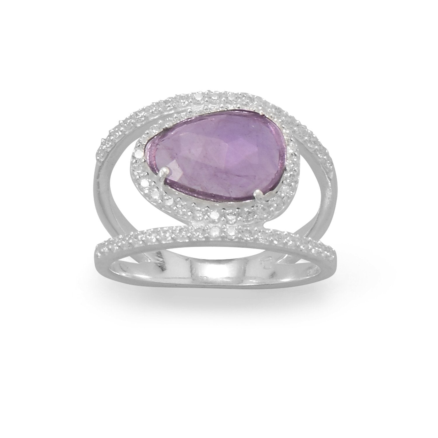 Rhodium Plated Amethyst and CZ Split Band Ring - Joyeria Lady
