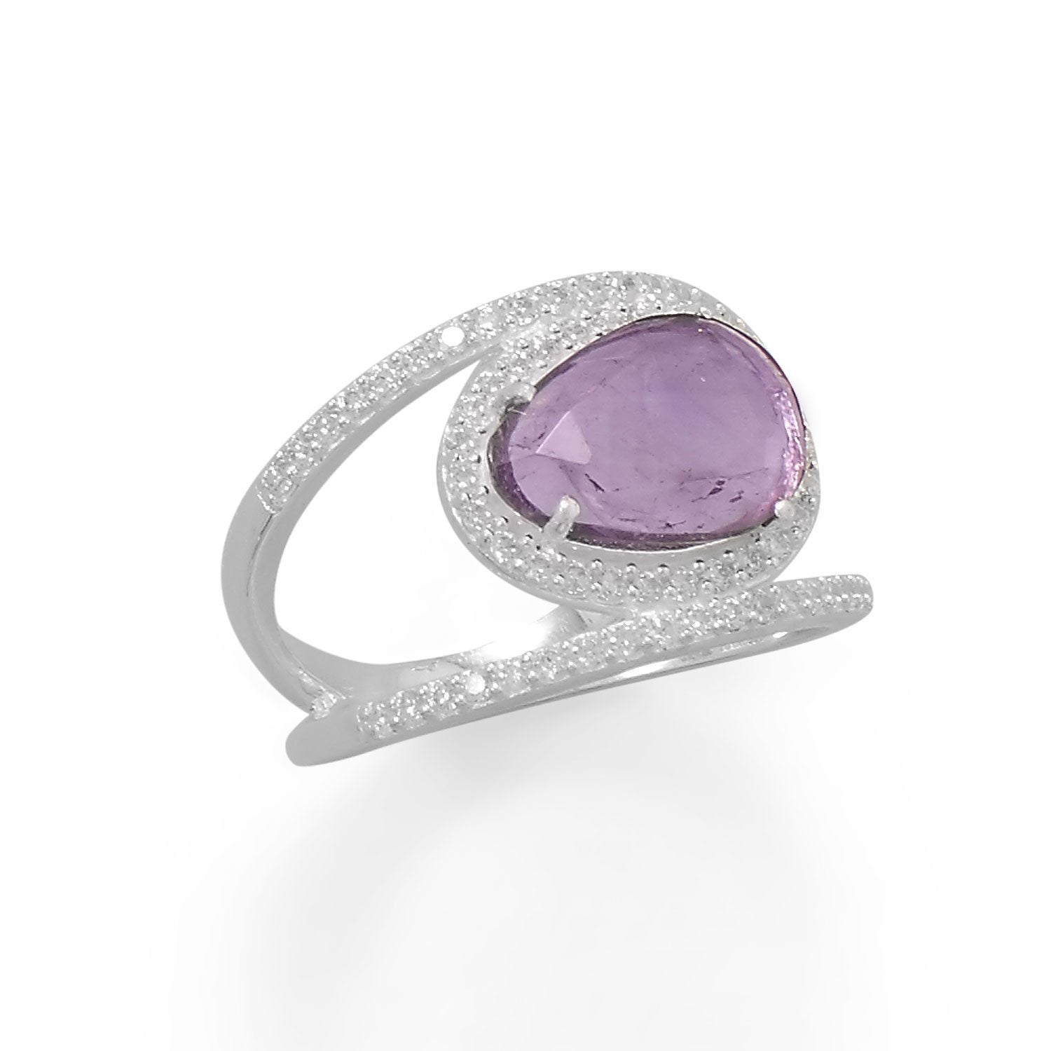 Rhodium Plated Amethyst and CZ Split Band Ring - Joyeria Lady