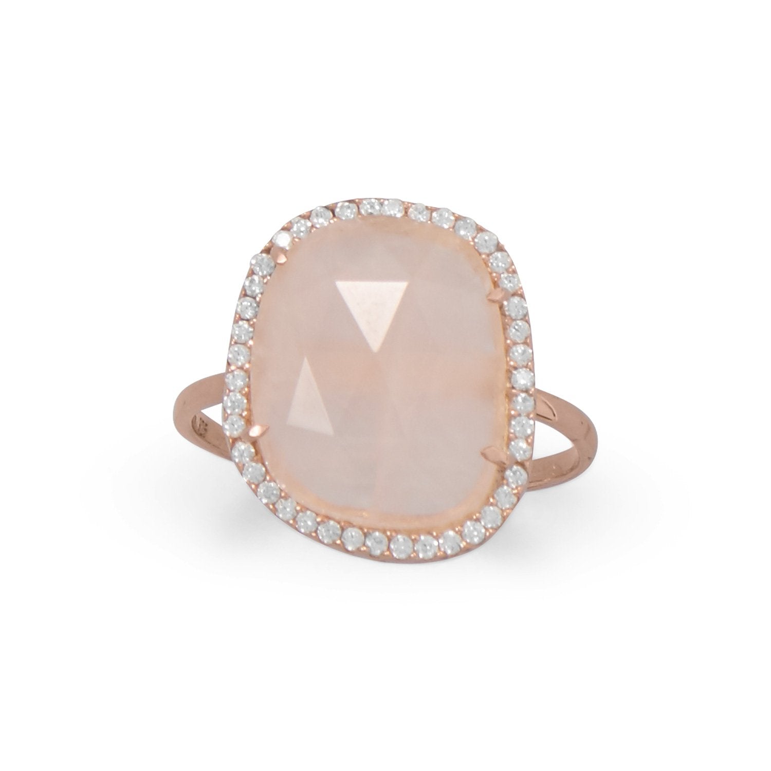 14K Rose Gold Plated Rose Quartz and CZ Halo Ring - Joyeria Lady