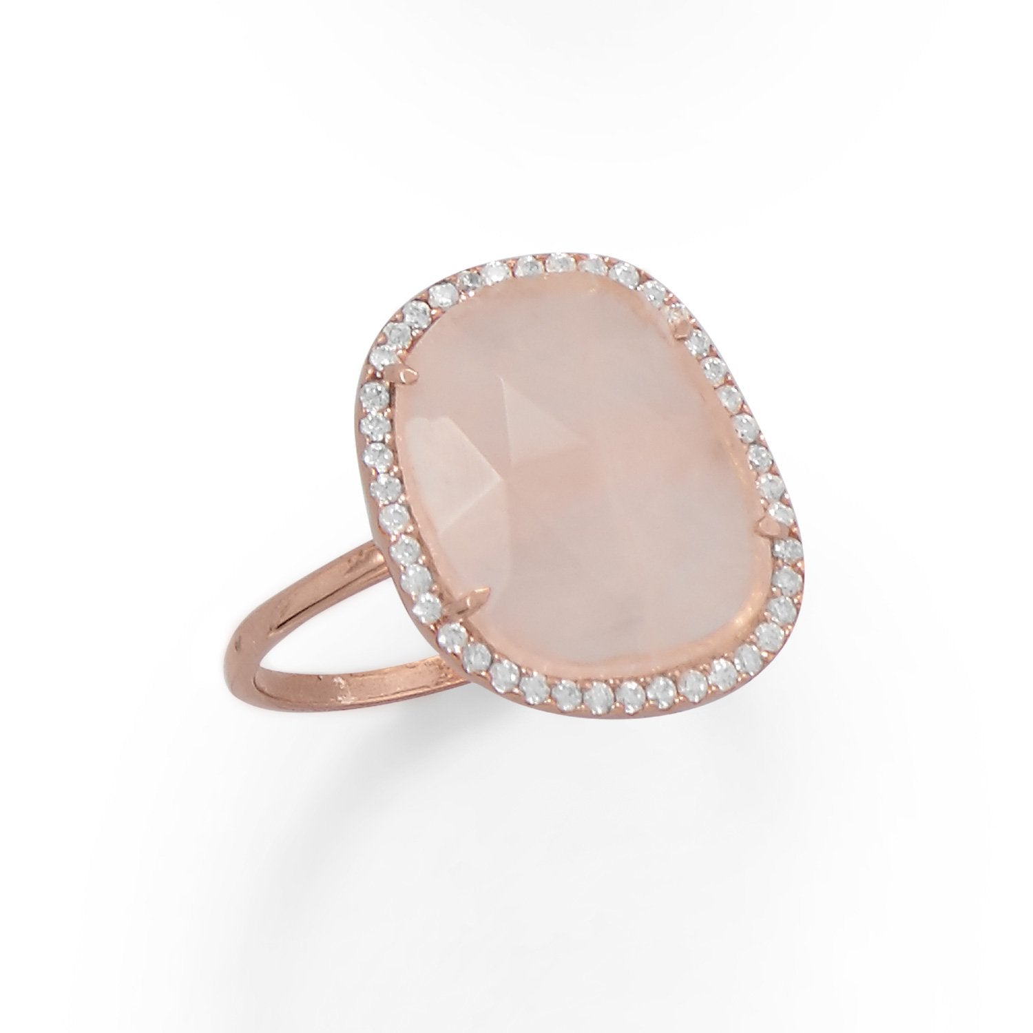 14K Rose Gold Plated Rose Quartz and CZ Halo Ring - Joyeria Lady