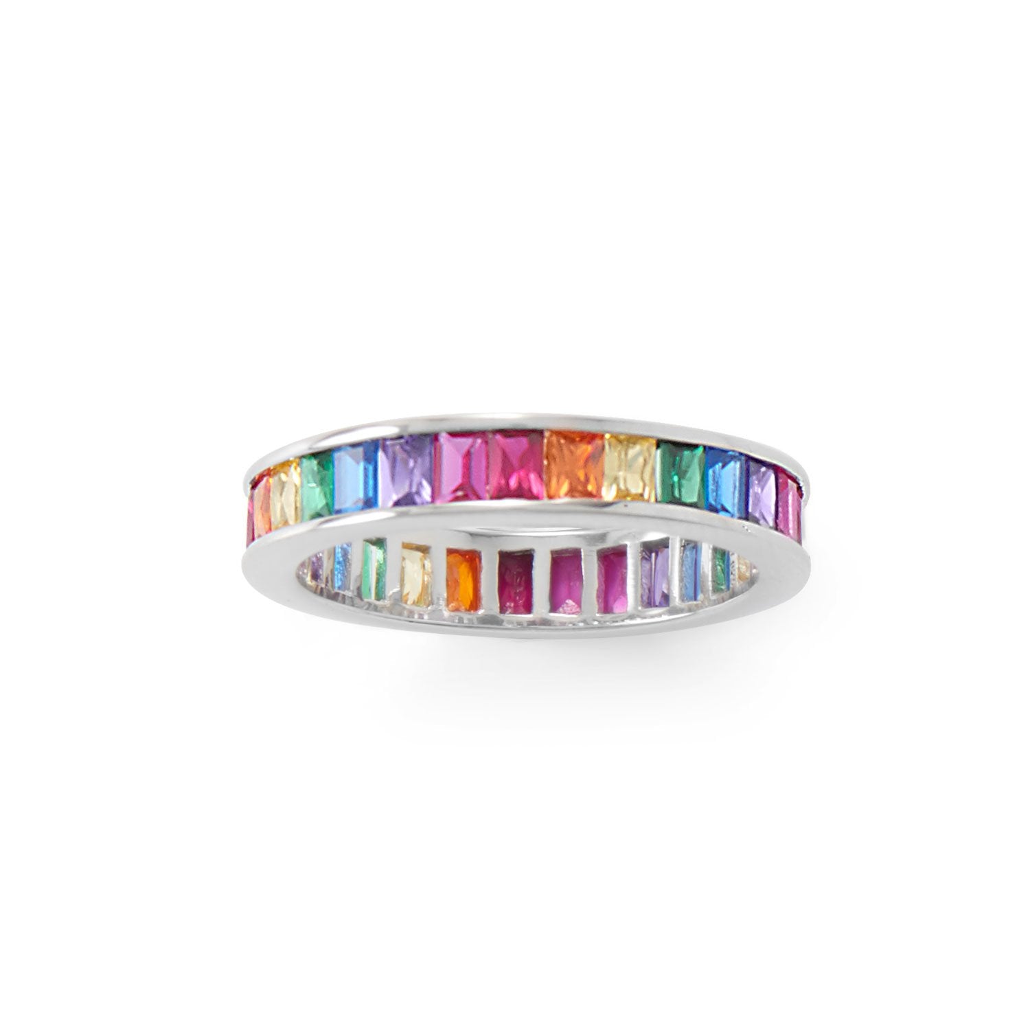 Rhodium Plated Rainbow CZ Ring - Joyeria Lady