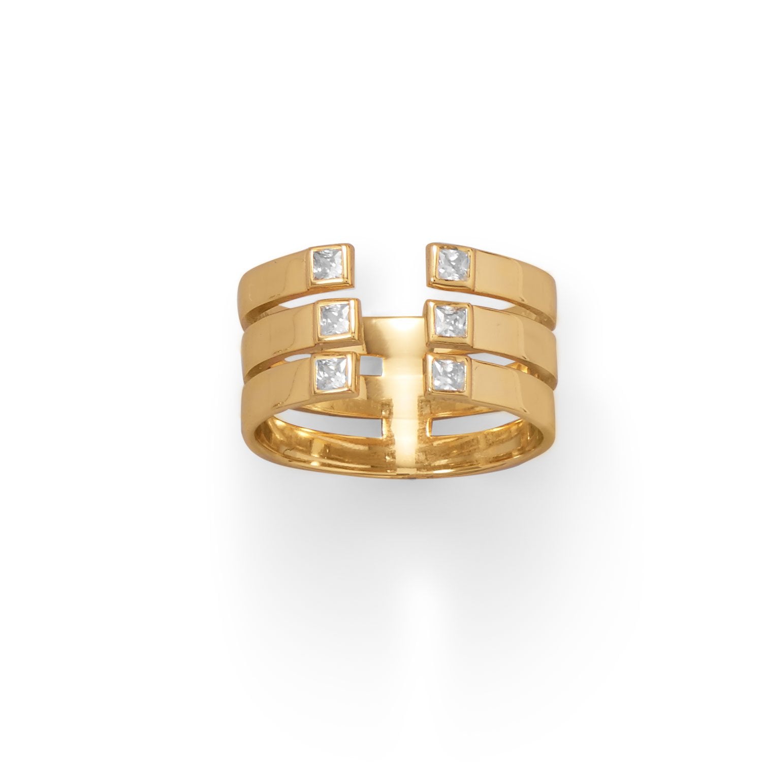 14 Karat Gold Plated 3 Row CZ Ring - Joyeria Lady