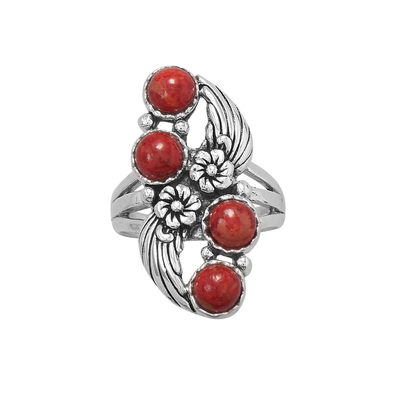 Floral Design Dyed Red Coral Ring - Joyeria Lady
