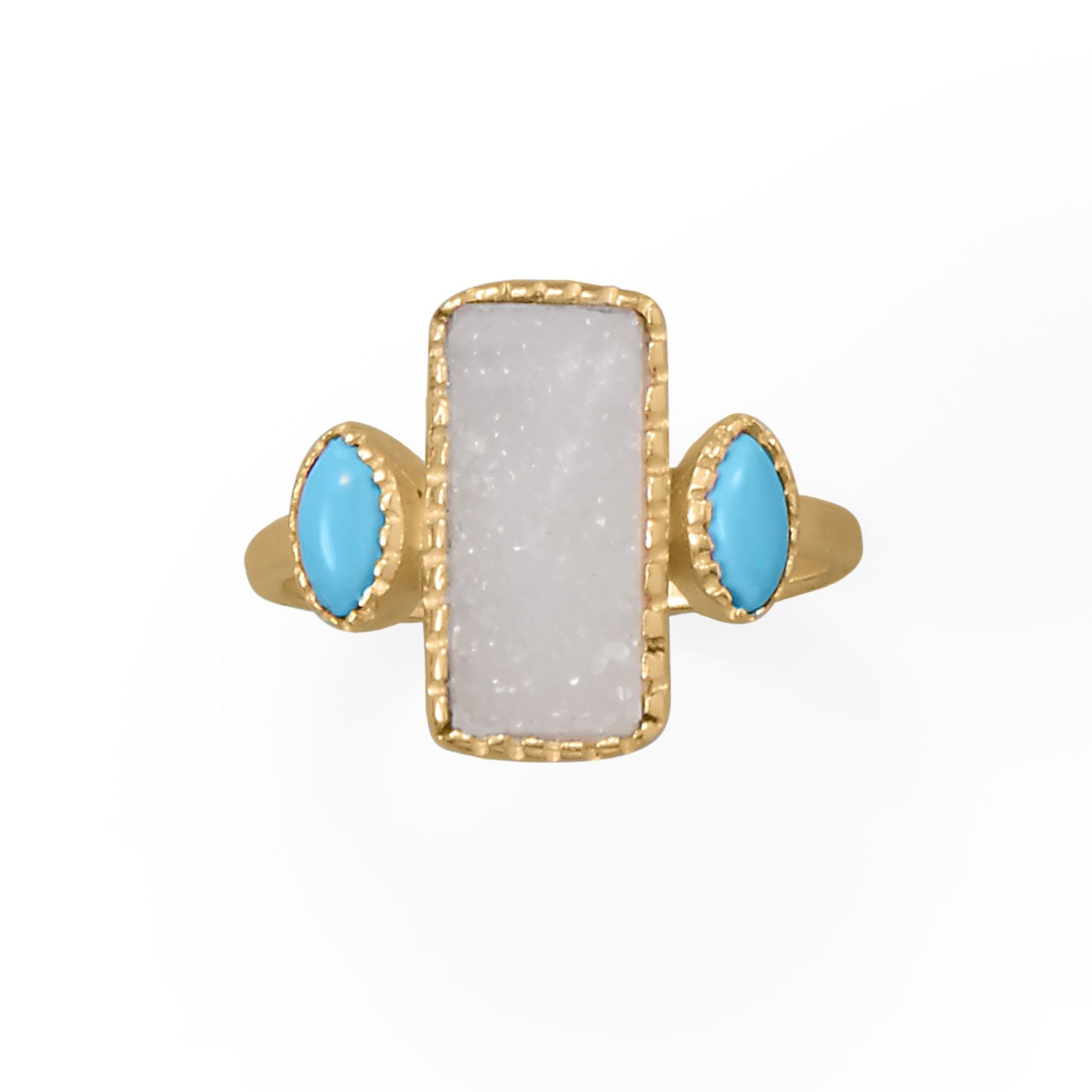 Darling and Dreamy! 14 Karat Gold Plated Druzy and Synthetic Turquoise Ring - Joyeria Lady
