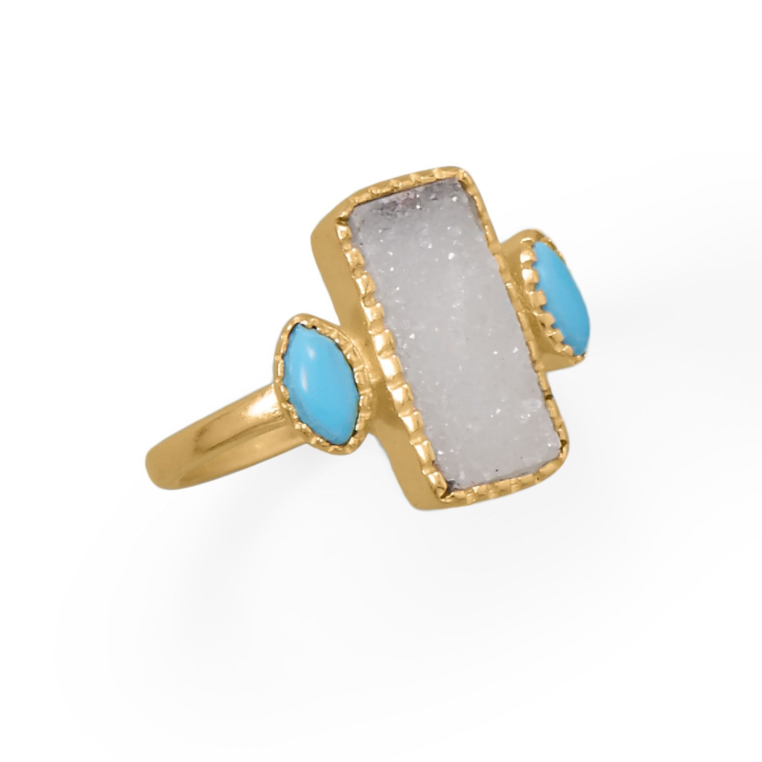 Darling and Dreamy! 14 Karat Gold Plated Druzy and Synthetic Turquoise Ring - Joyeria Lady