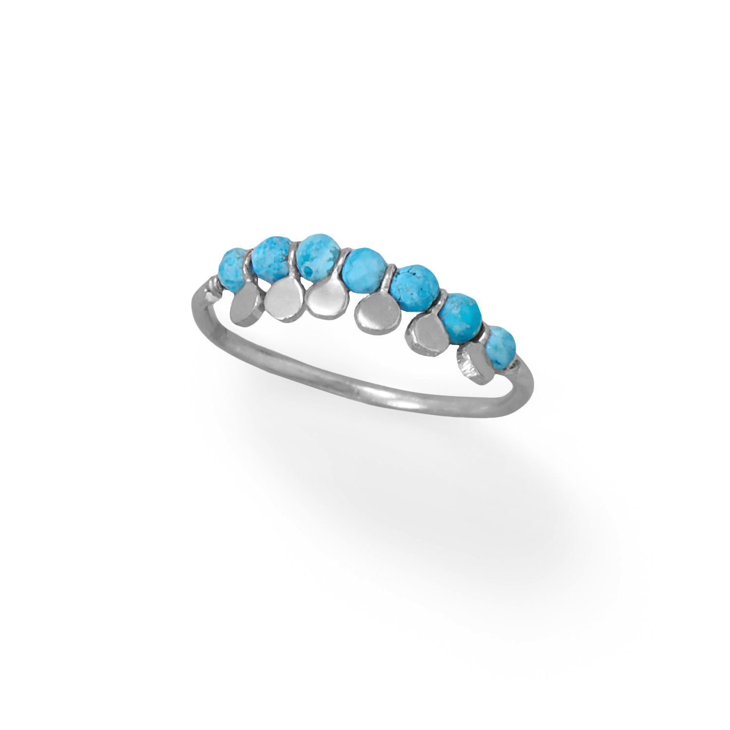 Rhodium Plated Synthetic Turquoise Bead and Disk Ring - Joyeria Lady