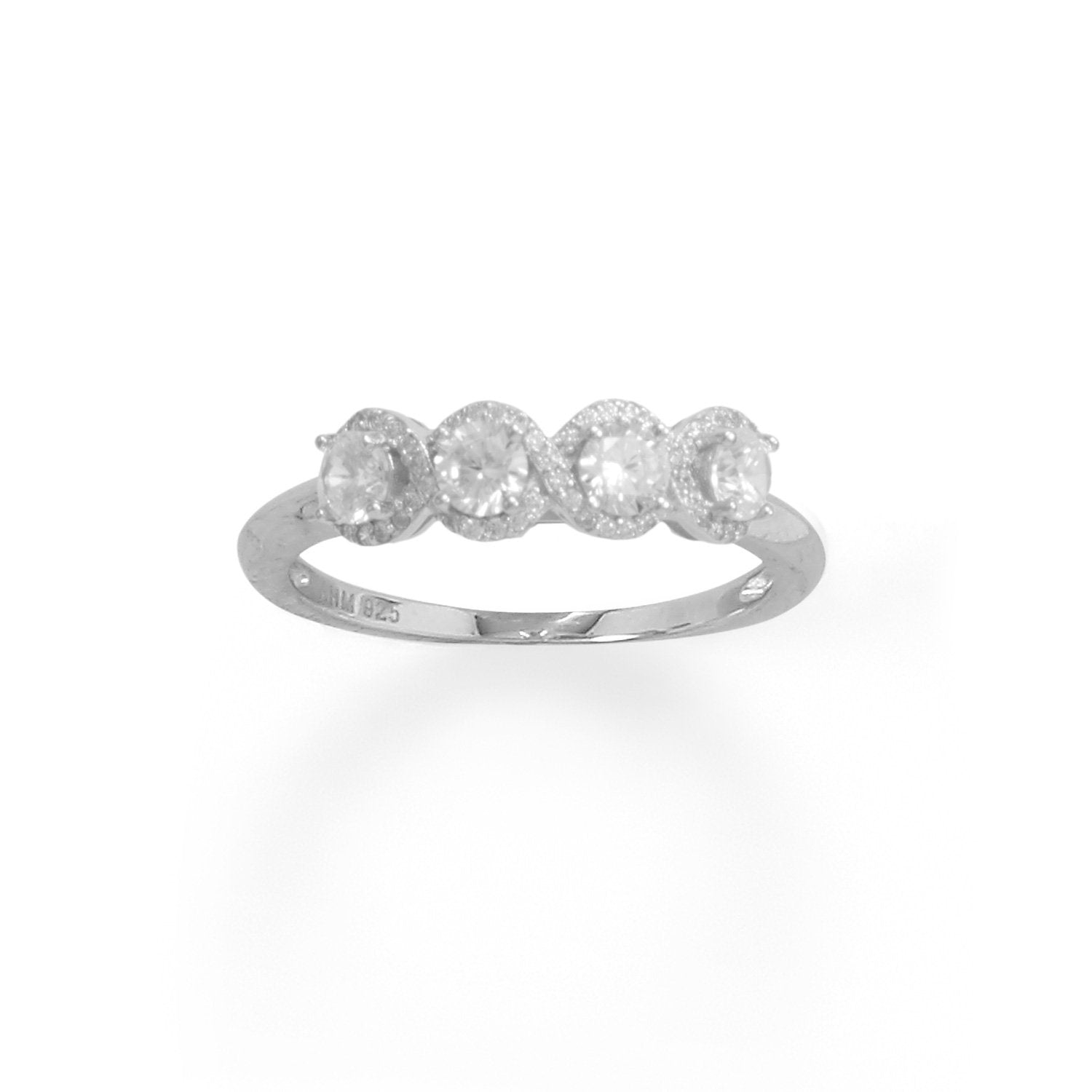 Rhodium Plated 4 CZ with Halo Edge Ring - Joyeria Lady