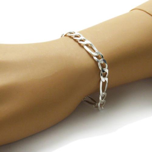 Classic Sterling Silver Figaro Chain Bracelet in 8mm (Gauge 200) width. Available in 8" and 9" Lengths. - Joyeria Lady