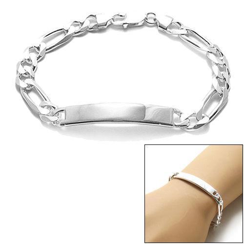 Stylish 8mm (220 Gauge) Sterling Silver Figaro Link ID Bracelet with Engravable Plate. Available in 8" and 9" Lengths. - Joyeria Lady