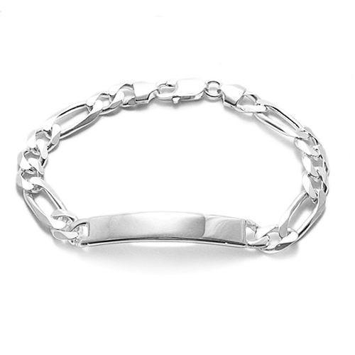 Stylish 8mm (220 Gauge) Sterling Silver Figaro Link ID Bracelet with Engravable Plate. Available in 8" and 9" Lengths. - Joyeria Lady