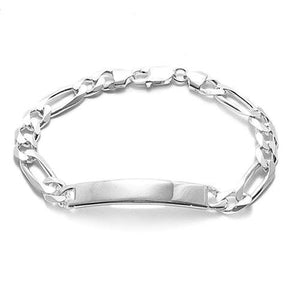 Stylish 8mm (220 Gauge) Sterling Silver Figaro Link ID Bracelet with Engravable Plate. Available in 8" and 9" Lengths.