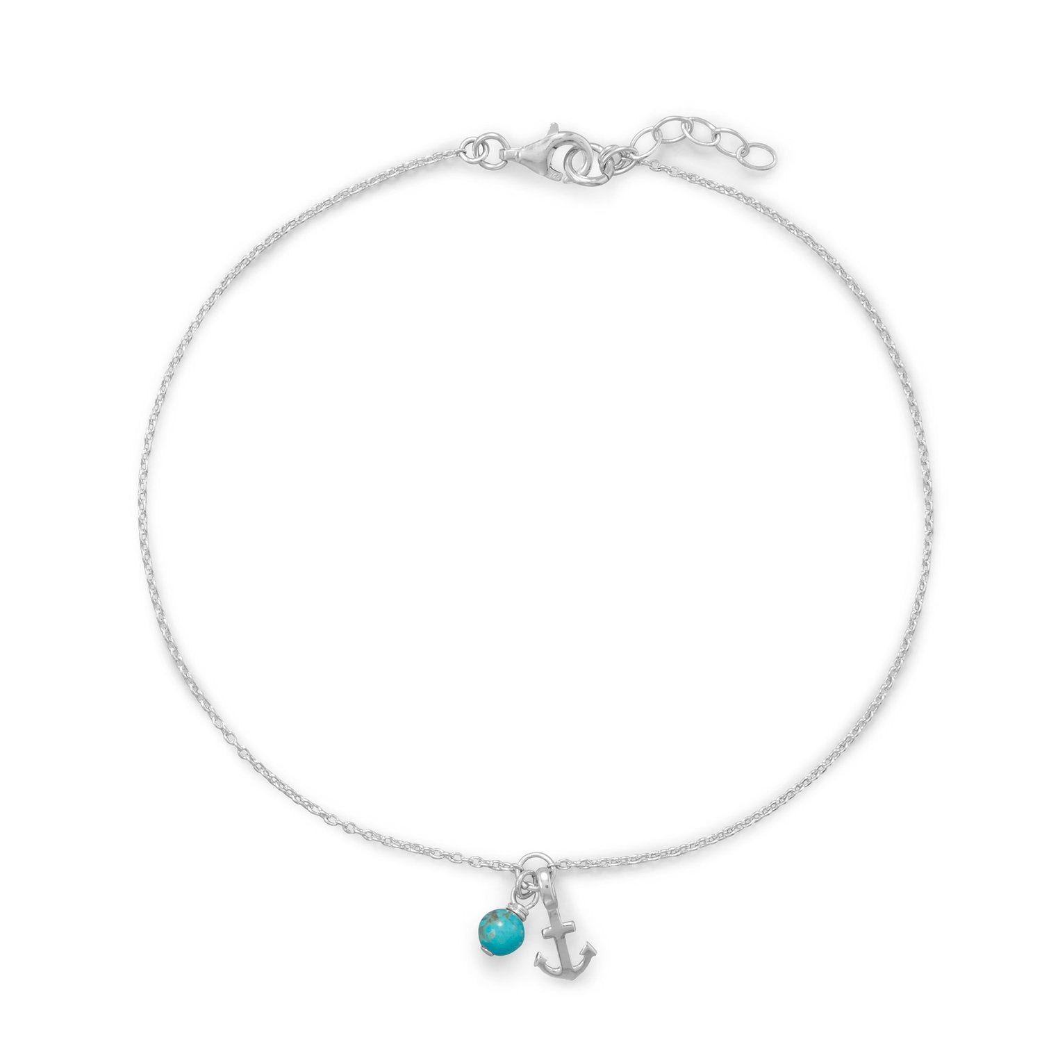 9.25"+.75" Anchor and Turquoise Anklet - Joyeria Lady