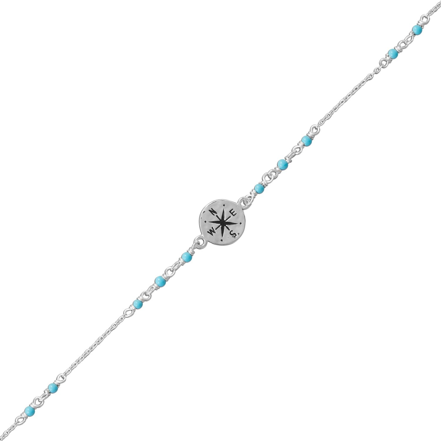 9.25"+.75" Blue Beaded Anklet with Compass Charm - Joyeria Lady