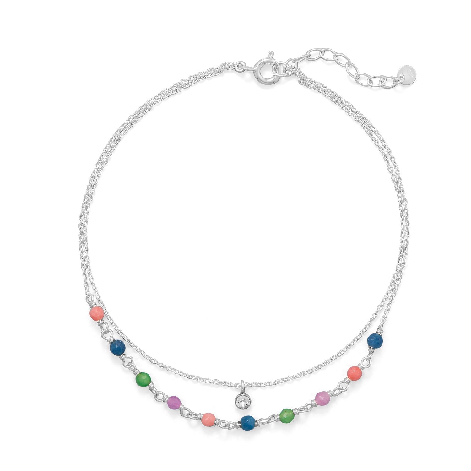 9"+1" Multi Color Jade and CZ Double Strand Anklet - Joyeria Lady
