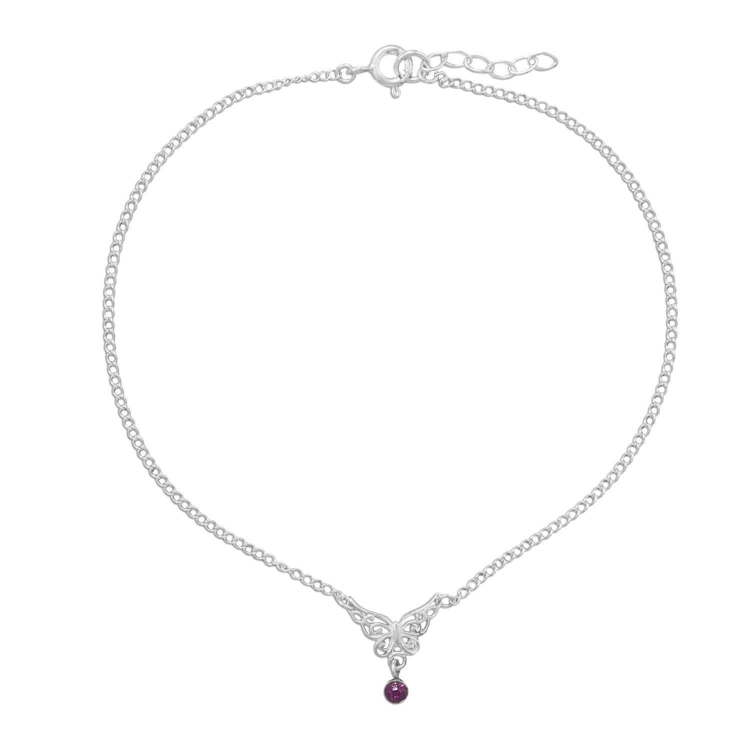 9.5"+.5" Butterfly Anklet with Purple Crystal Charm - Joyeria Lady