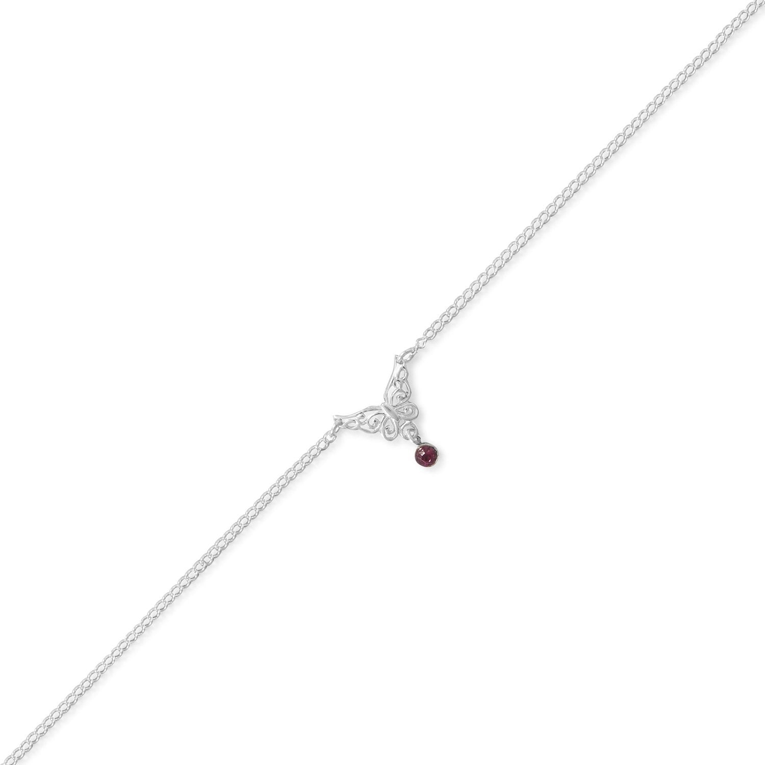 9.5"+.5" Butterfly Anklet with Purple Crystal Charm - Joyeria Lady