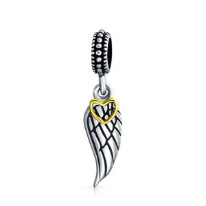 Angel Wing Feather Heart Dangle Charm Bead 925 Sterling Silver - Joyeria Lady