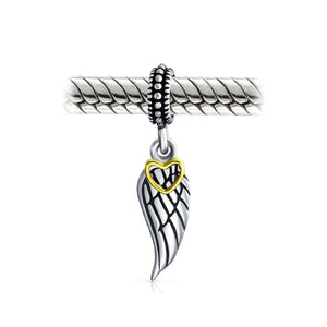Angel Wing Feather Heart Dangle Charm Bead 925 Sterling Silver