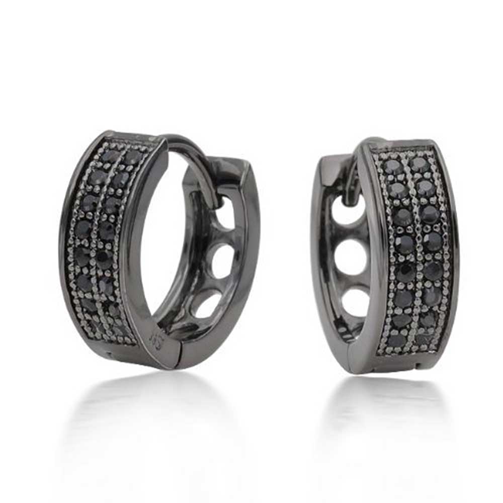 Black 2 Row Cubic Zirconia Kpop Hoop Earrings Sterling Silver - Joyeria Lady