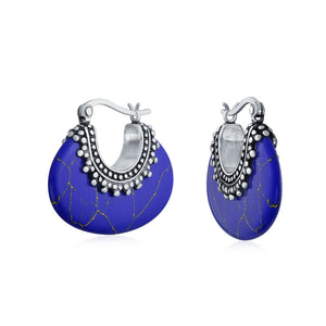 Boho Gemstone Crescent Hoop Earrings Caviar Bead 925 Sterling Silver - Joyeria Lady