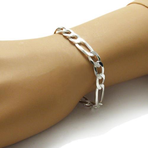 Handsome Sterling Silver Figaro Chain Bracelet in 9mm (Gauge 250) width. Available in 8" and 9" Lengths. - Joyeria Lady