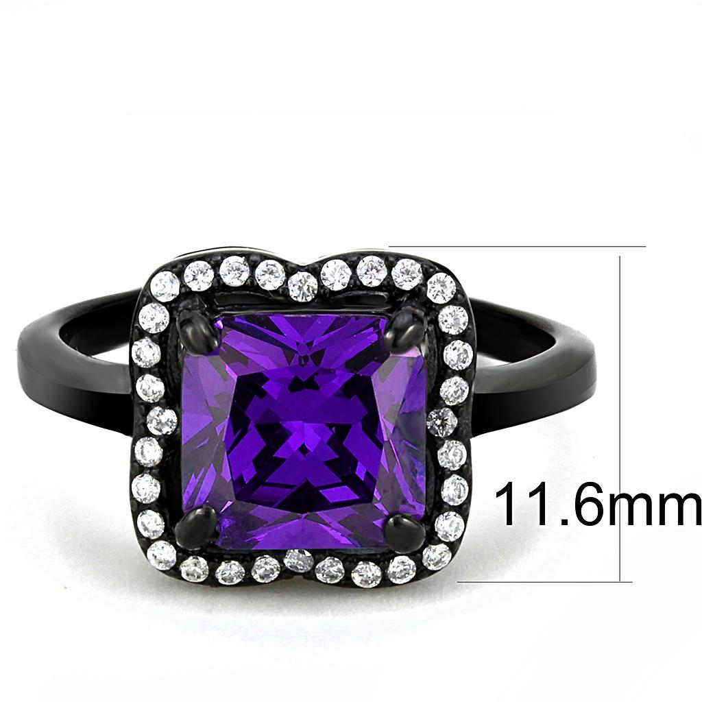 DA028 - IP Black(Ion Plating) Stainless Steel Ring with AAA Grade CZ  in Amethyst - Joyeria Lady