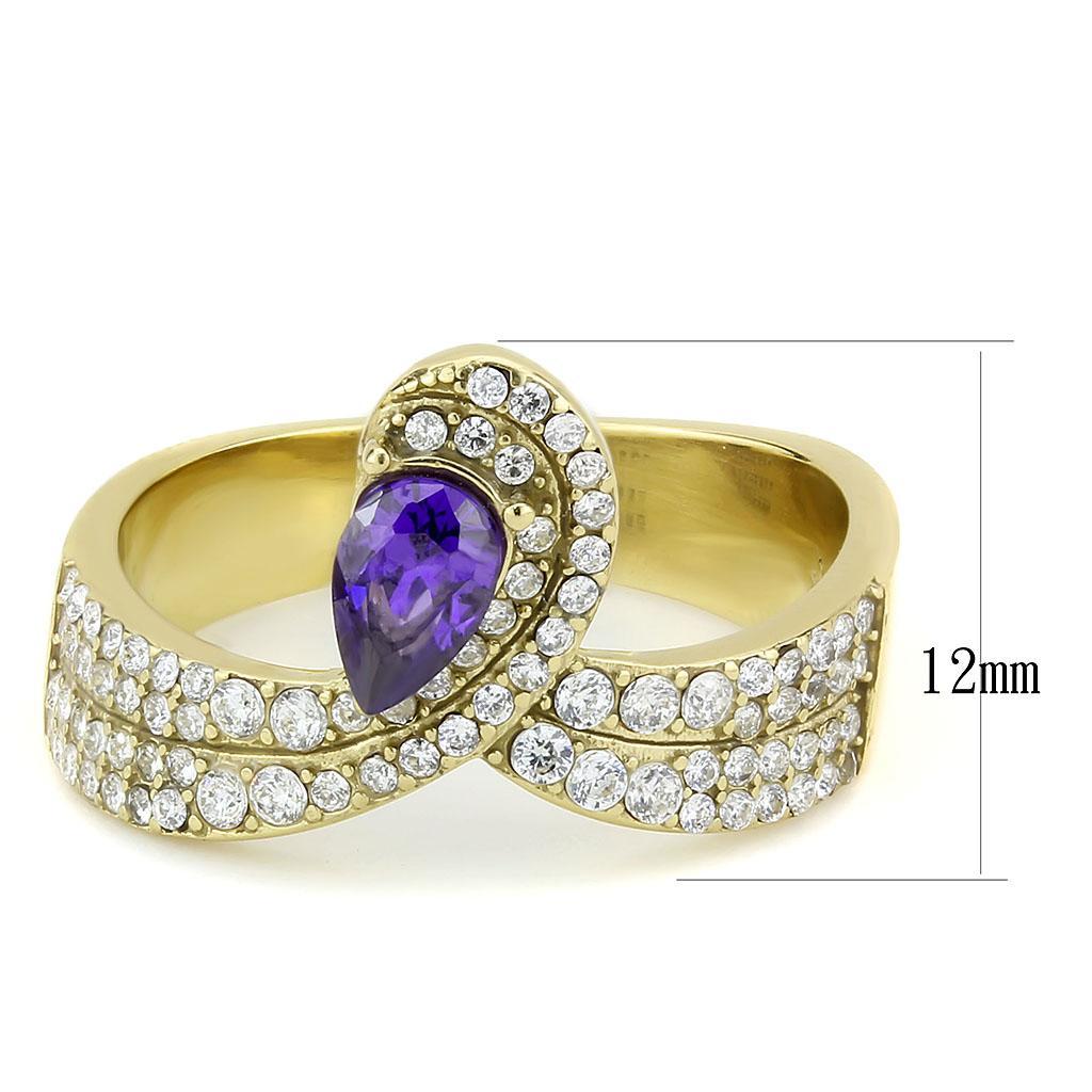 DA304 - IP Gold(Ion Plating) Stainless Steel Ring with AAA Grade CZ  in Tanzanite - Joyeria Lady