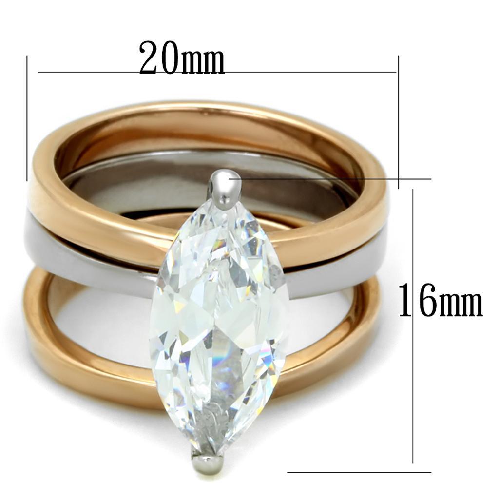 LO3554 - Two-Tone IP Rose Gold Stainless Steel Ring with AAA Grade CZ  in Clear - Joyeria Lady