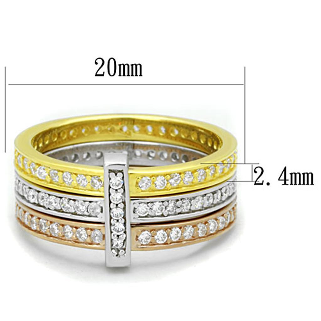 LOS811 - Rhodium + Gold + Rose Gold 925 Sterling Silver Ring with AAA Grade CZ  in Clear - Joyeria Lady