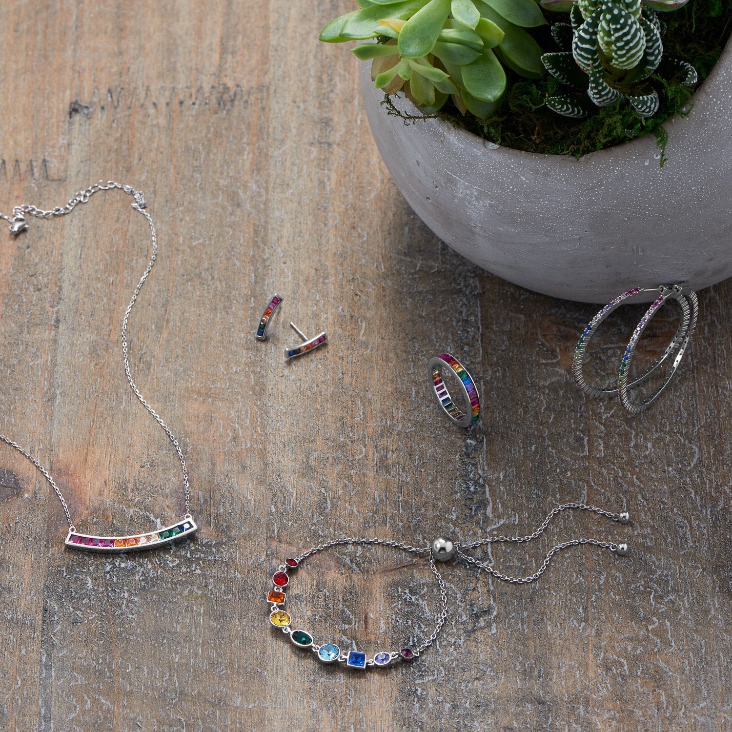 Rhodium Plated Rainbow CZ Earrings - Joyeria Lady