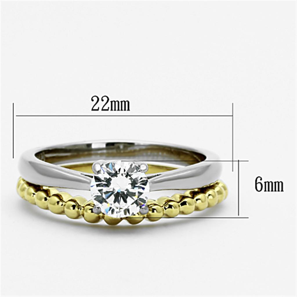 TK1093 - Two-Tone IP Gold (Ion Plating) Stainless Steel Ring with AAA Grade CZ  in Clear - Joyeria Lady