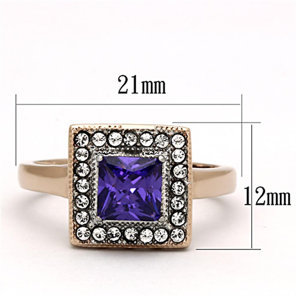 TK1162 - Two-Tone IP Rose Gold Stainless Steel Ring with AAA Grade CZ  in Tanzanite - Joyeria Lady