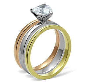TK1274 - Three Tone IPï¼ˆIP Gold & IP Rose Gold & High Polished) Stainless Steel Ring with AAA Grade CZ  in Clear