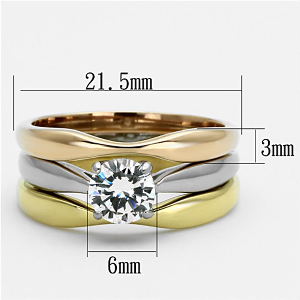 TK1278 - Three Tone IPï¼ˆIP Gold & IP Rose Gold & High Polished) Stainless Steel Ring with AAA Grade CZ  in Clear - Joyeria Lady
