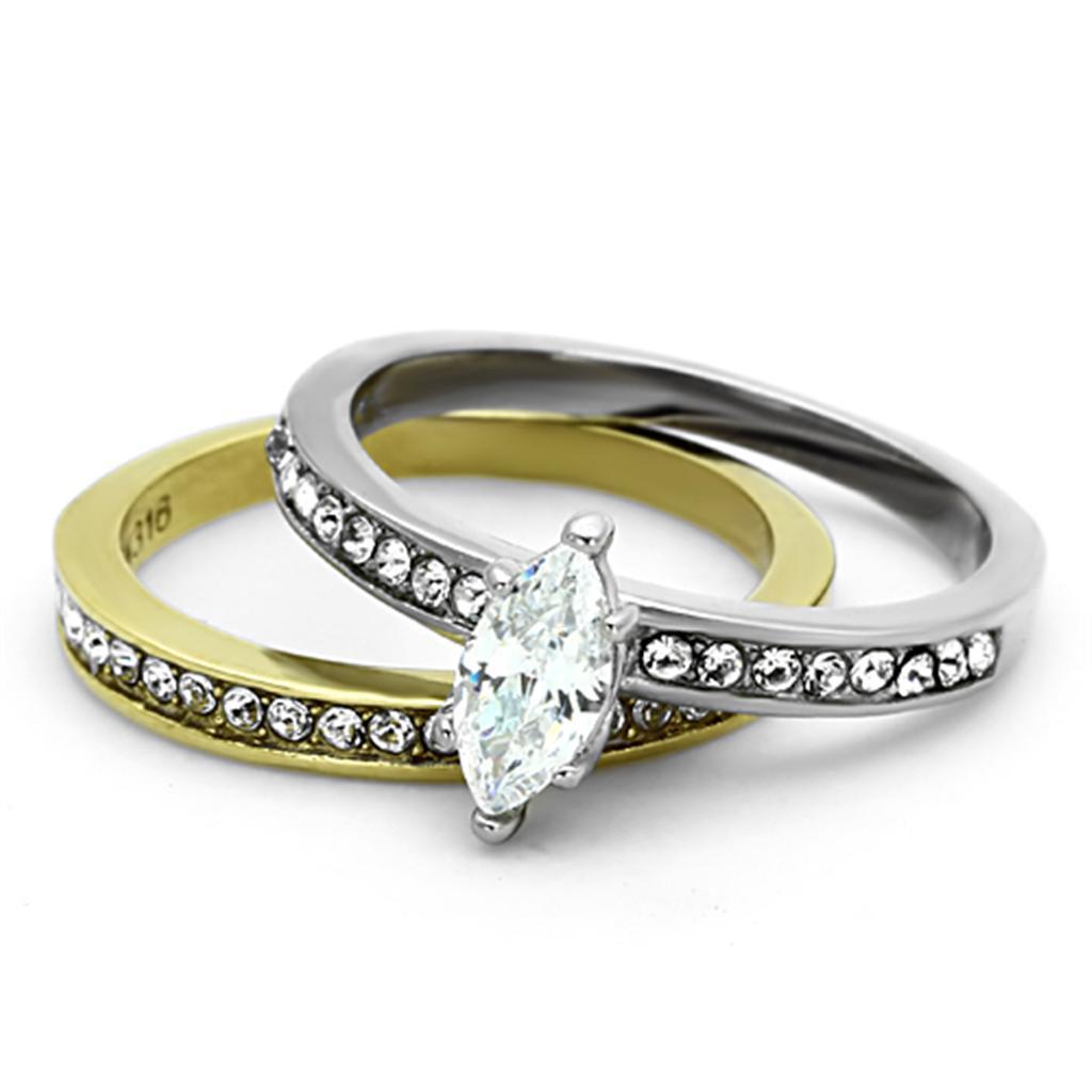 TK1282 - Two-Tone IP Gold (Ion Plating) Stainless Steel Ring with AAA Grade CZ  in Clear - Joyeria Lady
