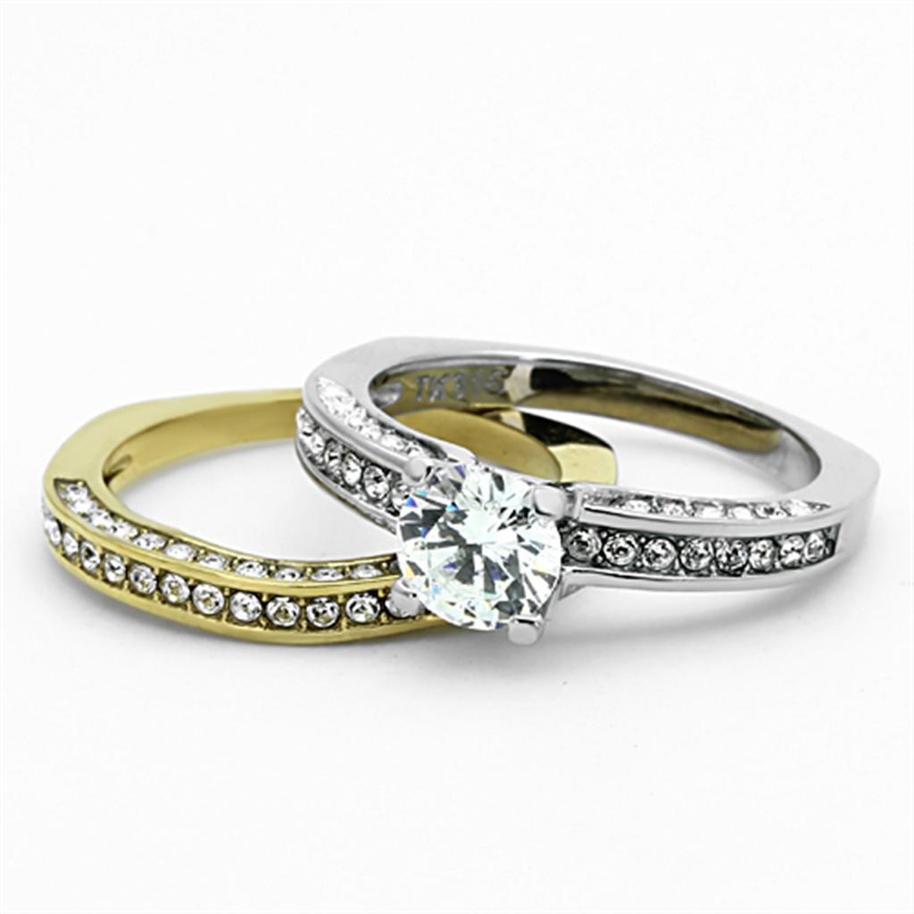 TK1284 - Two-Tone IP Gold (Ion Plating) Stainless Steel Ring with AAA Grade CZ  in Clear - Joyeria Lady