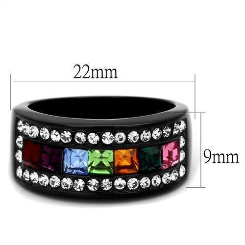 TK1402J - IP Black(Ion Plating) Stainless Steel Ring with Top Grade Crystal  in Multi Color - Joyeria Lady