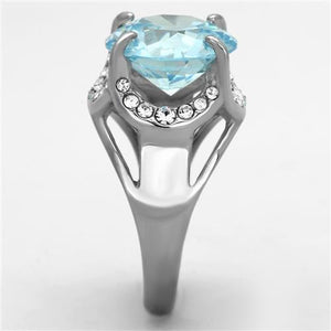 TK1423 - High polished (no plating) Stainless Steel Ring with AAA Grade CZ  in Sea Blue