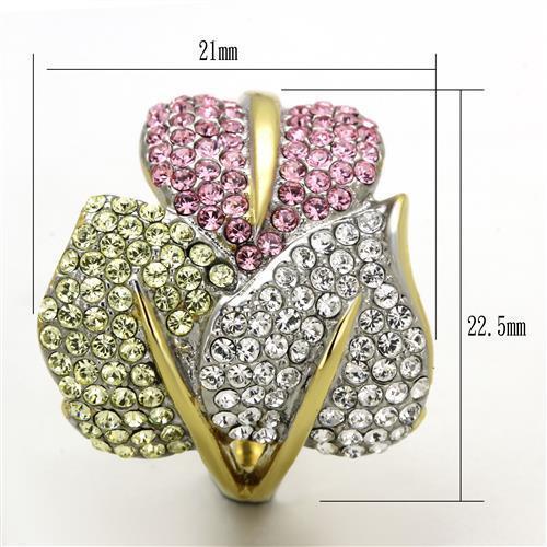 TK1441 - Two-Tone IP Gold (Ion Plating) Stainless Steel Ring with Top Grade Crystal  in Multi Color - Joyeria Lady
