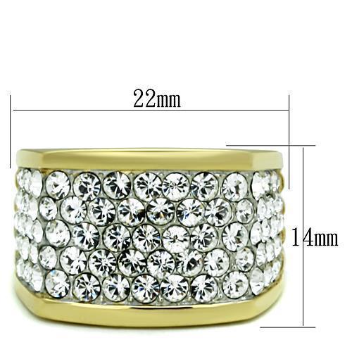 TK1545 - Two-Tone IP Gold (Ion Plating) Stainless Steel Ring with Top Grade Crystal  in Clear - Joyeria Lady