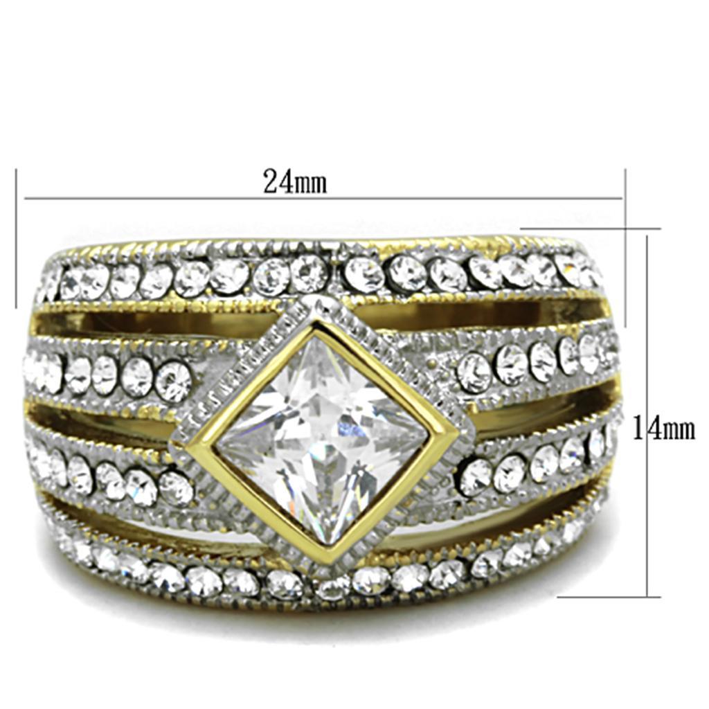 TK1551 - Two-Tone IP Gold (Ion Plating) Stainless Steel Ring with AAA Grade CZ  in Clear - Joyeria Lady