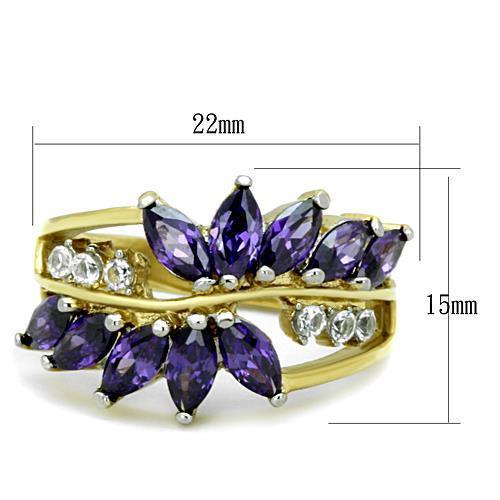 TK1568 - Two-Tone IP Gold (Ion Plating) Stainless Steel Ring with AAA Grade CZ  in Amethyst - Joyeria Lady