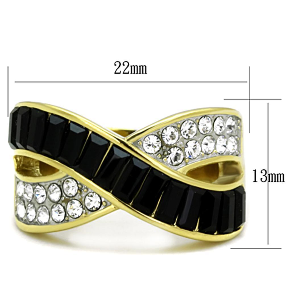 TK1577 - Two-Tone IP Gold (Ion Plating) Stainless Steel Ring with Top Grade Crystal  in Jet - Joyeria Lady