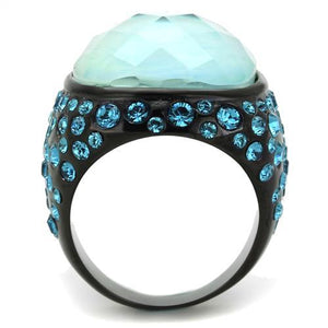 TK1617 - IP Black(Ion Plating) Stainless Steel Ring with Synthetic Synthetic Glass in Sea Blue