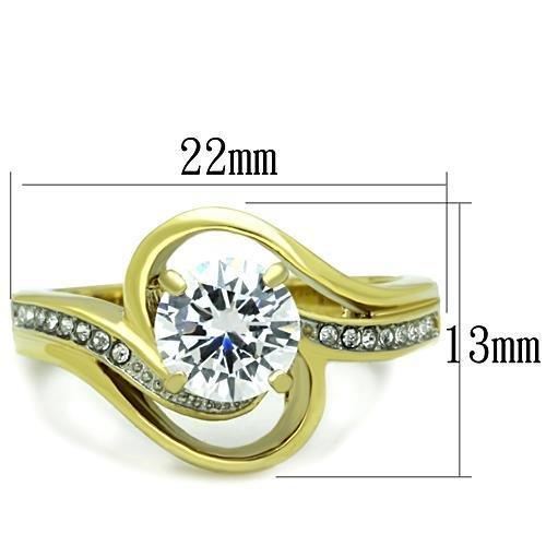 TK1701 - Two-Tone IP Gold (Ion Plating) Stainless Steel Ring with AAA Grade CZ  in Clear - Joyeria Lady