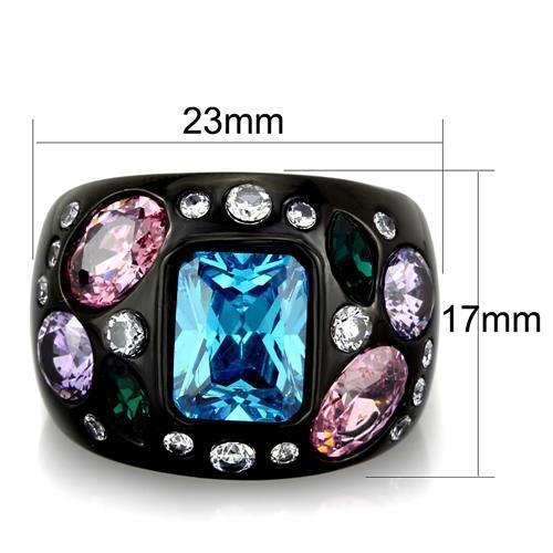 TK1790 - IP Black(Ion Plating) Stainless Steel Ring with AAA Grade CZ  in Sea Blue - Joyeria Lady