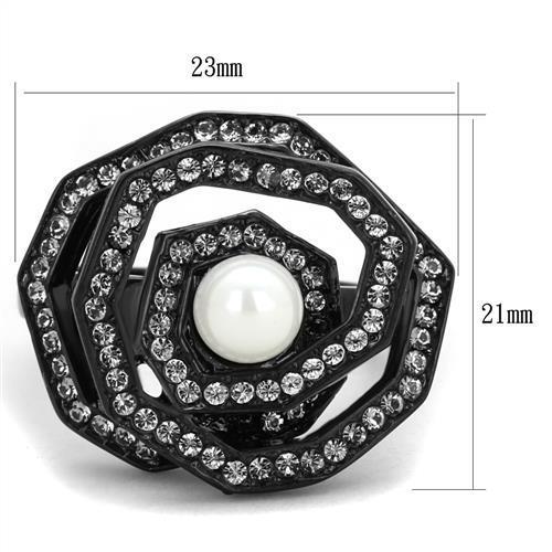 TK1861 - IP Black(Ion Plating) Stainless Steel Ring with Synthetic Pearl in White - Joyeria Lady