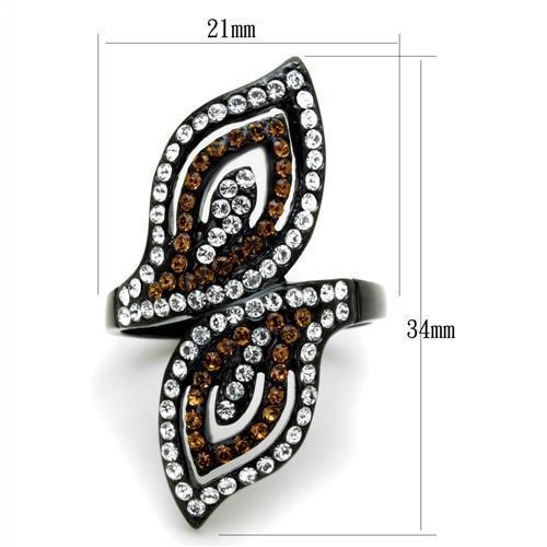 TK1864 - IP Black(Ion Plating) Stainless Steel Ring with Top Grade Crystal  in Smoked Quartz - Joyeria Lady