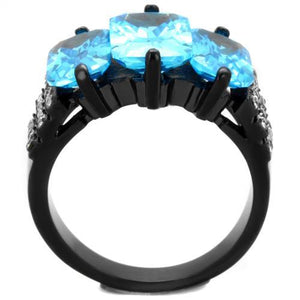 TK1866 IP Black(Ion Plating) Stainless Steel Ring with AAA Grade CZ in Sea Blue