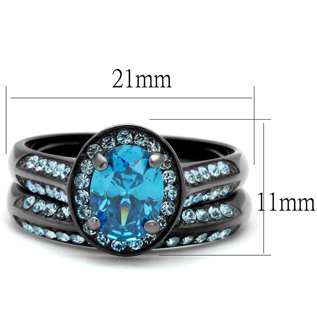 TK1W163LJ - IP Light Black  (IP Gun) Stainless Steel Ring with AAA Grade CZ  in Sea Blue - Joyeria Lady